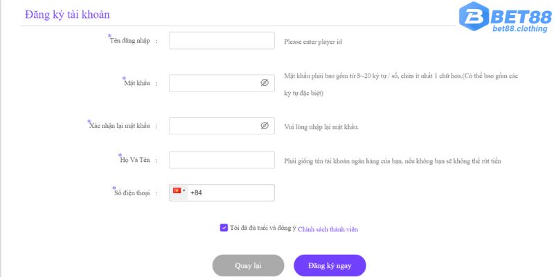 Nhập thông tin chính xác để đăng ký bet88